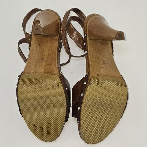 Vintage Italian Leather Wooden Heel Slingback Clog Sandals Studded Brown Size 7 - Picture 10 of 10